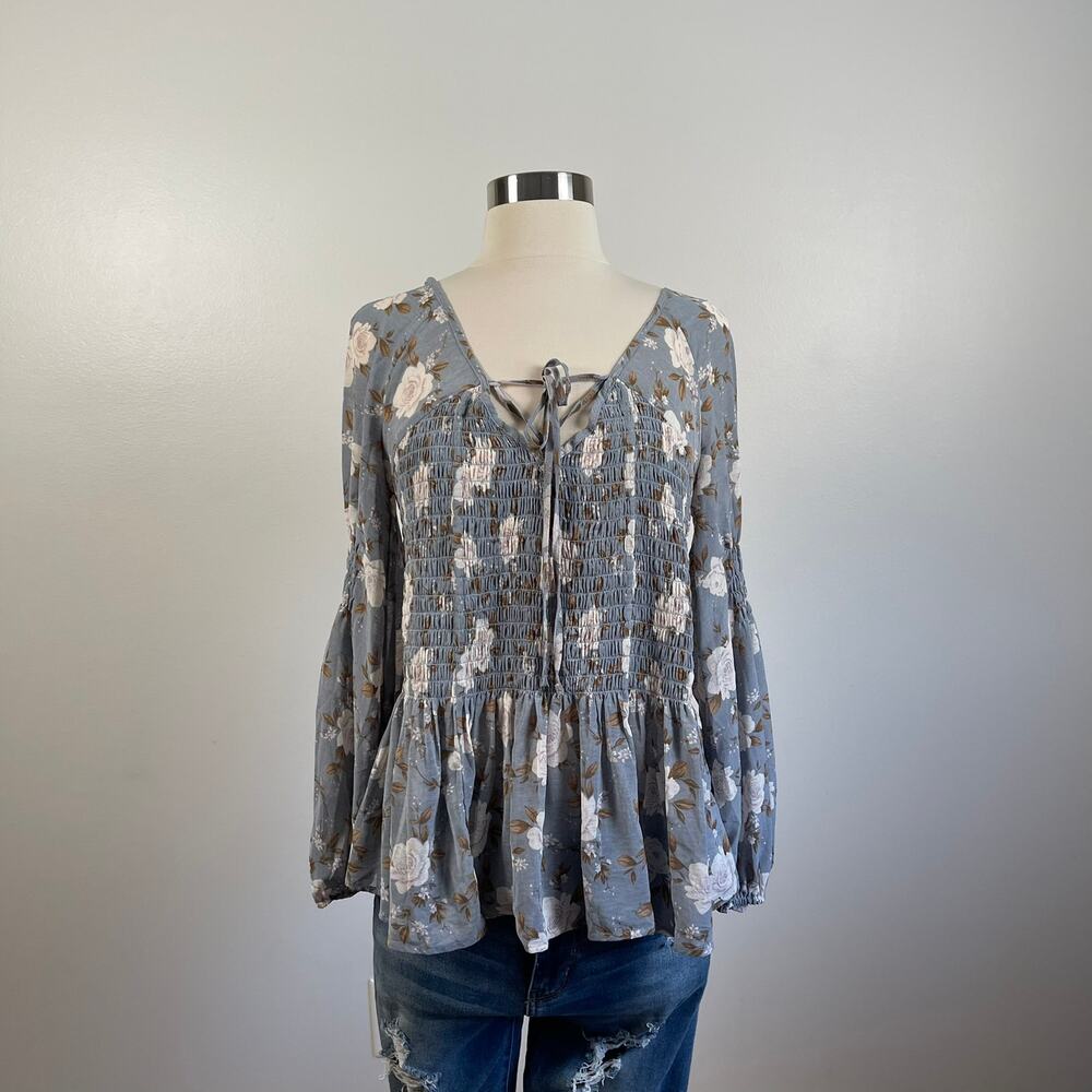 American Eagle • Floral Smocked Peplum Peasant Blouse